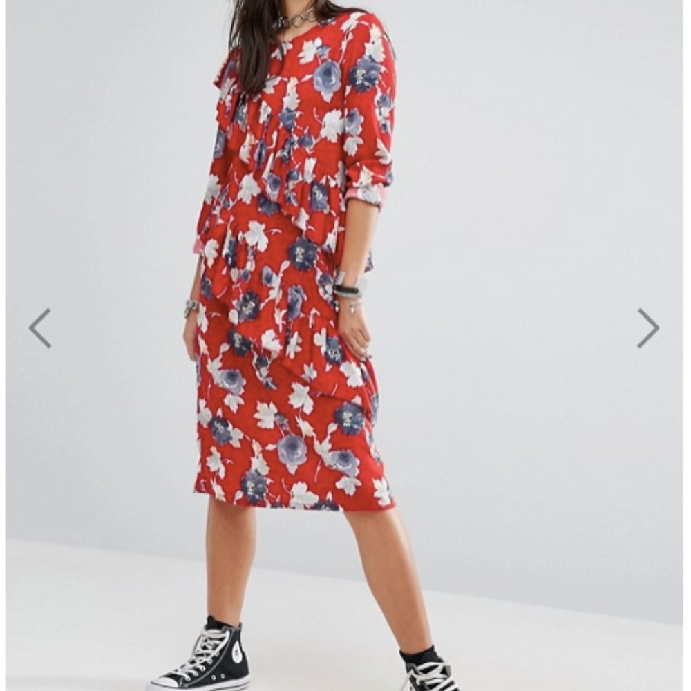 Midi Dress With Frills In Floral